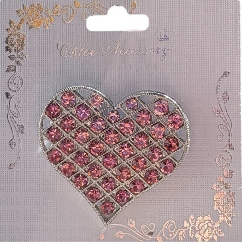 5/$25 Chloe Accessory Pink & Silver Crystal Heart Pin Brooch